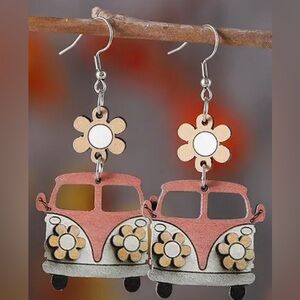 NEW Vintage Wooden VW Van & Flower Dangle Earrings